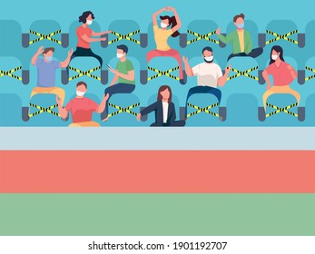 Fans sitting on stadium flat color vector illustration. Pandemic limitations during sport events. People in masks 2D cartoon characters with chairs with attenrion stickers on background