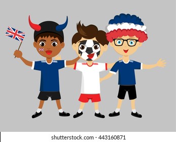 Fans of United Kingdom national football team, sports. Boys with flags in the colors of the national command with sports paraphernalia, wigs, hats, horns, motivational posters.