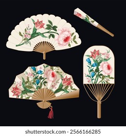 Fans with vintage Victorian flowers. Vector