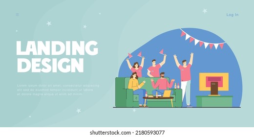 Fans Watching Football Match On TV Flat Vector Illustration. Happy Men And Women Sitting On Couch At Home, Having Fun Together And Cheering For Soccer Team. Sports Game, Friendship, Party Concept
