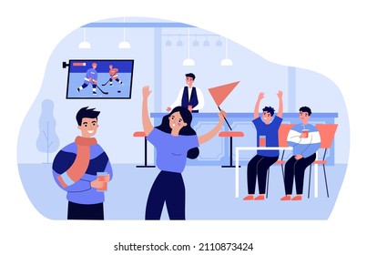 Fans watching hockey match on TV in interior of bar. Female supporter encouraging, holding flag flat vector illustration. Sport game, event concept for banner, website design or landing web page