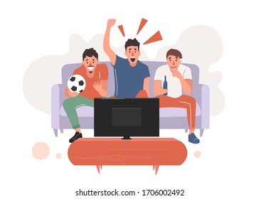 Fans watching the live broadcast of the match on TV and cheer for their team. Vector illustration in flat style