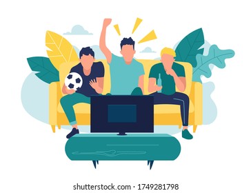 Fans watching the live broadcast of the match on TV and cheer for their team.Vector illustration in flat style