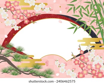 Fan-shaped Japanese frame with pine, bamboo, plum and Japanese pattern_pink