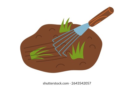 Fan-shaped thin rakes that loosen the soil with planted plants. Garden tools. Garden work, rakes. Suitable for agricultural websites, blogs, gardening manuals, and advertising of garden tools.
