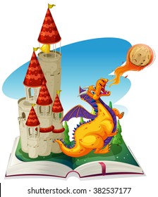 Fantacy book with drago and castle illustration