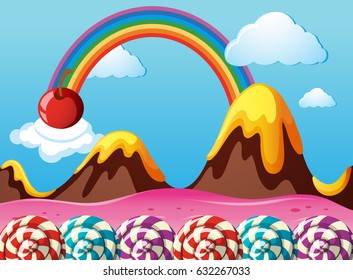Fantacy land with strawberry field and lollipops illustration