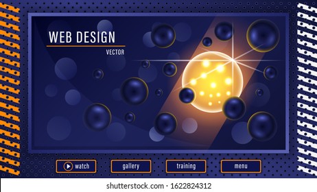 Fantastic 3d glowing transparent yellow ball in the middle dark blue balls on metal background with round holes. Futuristic web page design vector illustration stock. 