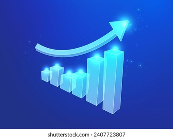 Fantastic 3D hologram charts diagram with glowing arrow of investment financial data vector design concept. Business graph chart of stock market investment analytics visualization on blue background.