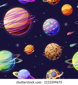 Fantastic 3d planets space background seamless pattern vector illustration. Wallpaper textile template fantasy astronomy decorative design. Global astrology ornamental science cosmology landscape