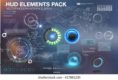 Fantastic abstract background with different elements of the HUD. Big set of various HUD elements. Charts, ratings style HUD switches and various geometrical objects. 