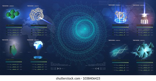Fantastic abstract background with different set 3d elements of the HUD. Big set of various HUD elements. Style HUD switches and various geometrical objects