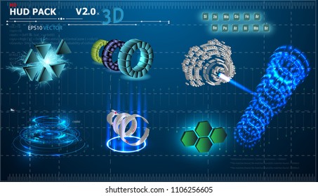 Fantastic abstract background with different set 3d elements of the HUD. Big set of various HUD elements. Charts, ratings style HUD switches and various geometrical objects