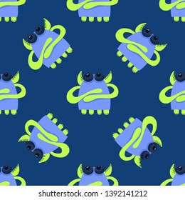 Fantastic abstract image with seamless pattern space monsters on dark background. Decoration element. Kids background. Vector design element.Comic background. Kids graphic illustration.
