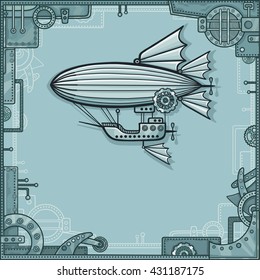 Fantastic airship. A background - a frame from metal details, the iron mechanism.