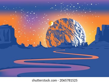 Un fantástico paisaje ajeno con un valle desierto, un río sinuoso, rocas y una vista de dos planetas en el cielo estrellado. El paisaje extraterrestre de la noche sin vida. Antecedentes de ciencia ficción espacial vectorial