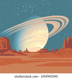 A fantastic alien landscape with a view of a desert area with rocks and Saturn in a starry sky. Colored vector illustration of a gas giant in a blue sky. Space science fiction background