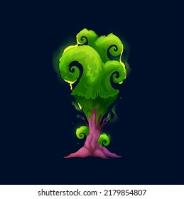 Fantastic alien magic tree, cartoon luminous forest and fantasy world. Isolated vector fairytale tree plant or glowing luminescent mushroom toadstool and green slime with mystery light