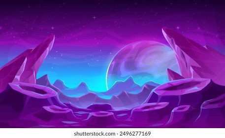 Fantastic alien space purple planet surface, violet mountains and craters landscape. Cartoon vector fantastical otherworldly captivating background with distant planet visible in the lilac starry sky