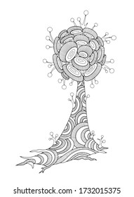 Fantástico árbol alienígena, planta, flor. Concepto de libro de colorantes para adultos con doodle y elementos de zentángulo. Ilustración vectorial estilizada y dibujada a mano.