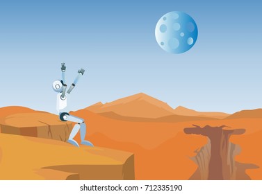 Fantastic allien desert landscape. Robot sitting on stone, vector illustration.