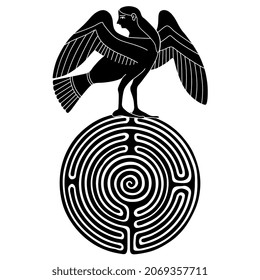 Fantastic ancient Greek siren bird with female head on top of a round spiral maze or labyrinth symbol. Creative concept. Black and white negative silhouette.