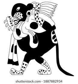 Fantastic animal. Angry anthropomorphic jaguar. Black and white silhouette. Native American art of Maya Indians.