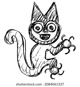 Fantastic animal. Cat or squirrel. Paracas textile. Native American ethnic art of ancient Peru. Hand drawn linear doodle rough sketch. Black silhouette on white background.