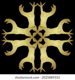 Fantastic animal cross mandala with Viking griffins or dragons. Norse mythology. Golden glossy silhouette on black background.