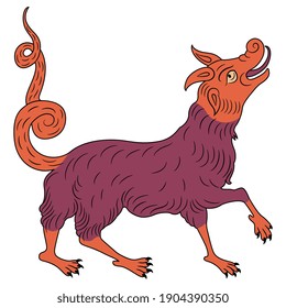 Fantastic animal. Dog or dragon. Medieval illuminated manuscript art.