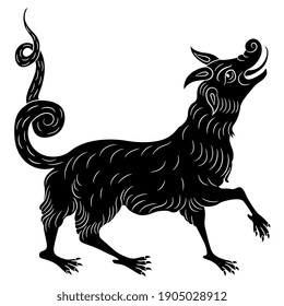 Fantastic animal. Dog or dragon. Medieval illuminated manuscript art. Black and white silhouette.