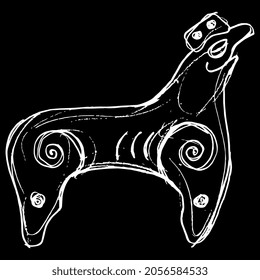 Fantastic animal or griffin. Ancient Viking folk motif. Hand drawn linear doodle rough sketch. White silhouette on black background.