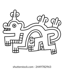 Fantastic animal. Native American art of ancient Peru. Wari Andean culture. Ethnic indigenous design. Black and white silhouette.