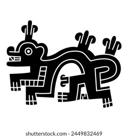 Fantastic animal. Native American art of ancient Peru. Wari Andean culture. Ethnic indigenous design. Black and white silhouette.