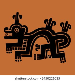 Fantastic animal. Native American art of ancient Peru. Wari Andean culture. Ethnic indigenous design. Black and orange silhouette.