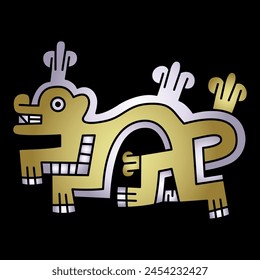 Fantastic animal. Native American art of ancient Peru. Wari Andean culture. Ethnic indigenous design. Gold and silver silhouette on black background.