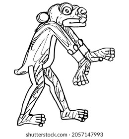 Fantastic animal. Native American animal design of Aztec Indians from Mexican codex. Jaguar or monkey. Hand drawn linear doodle rough sketch. Black silhouette on white background.