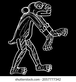 Fantastic animal. Native American animal design of Aztec Indians from Mexican codex. Jaguar or monkey. Hand drawn linear doodle rough sketch. White silhouette on black background.