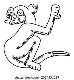 Fantastic animal. Stylized jaguar. Native American art of Aztec Indians from Mexican codex. Black and white linear silhouette.