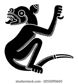 Fantastic animal. Stylized jaguar. Native American art of Aztec Indians from Mexican codex. Black and white negative silhouette.