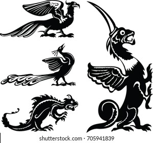 Fantastic animals, fairy birds and dragons, black and white style