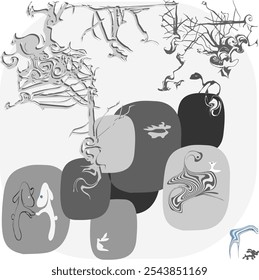 Fantastic animals to print on fabric or bathroom tiles. Gray and blue on a light background, on black and dark ovals.