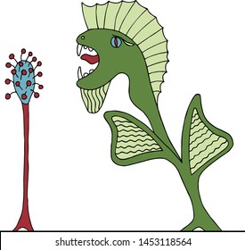 fantastic animated plant singer with a mohawk hair and beard singing into the microphone vector illustration
