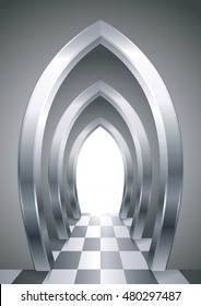 Fantastic arcade of metallic steel arches in the interior of the gallery or the castle. Corridor with illuminated exit. Architectural abstraction in the Arab or Oriental style. Vector graphics