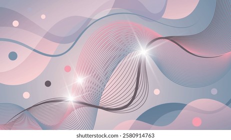 Fantastic art wallpaper in delicate colors. Flashes of light, intertwining wavy lines against the background of overlapping abstract shapes and mixing colors. Vector.