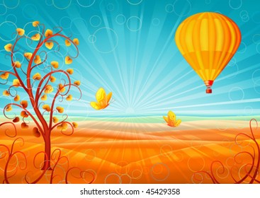 Fantastic autumn scenery with a tree, hot air balloon and butterflies (other landscapes are in my gallery)