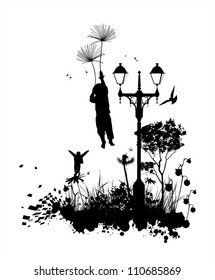 fantastic backdrop with a boy flying into the sky on a dandelion