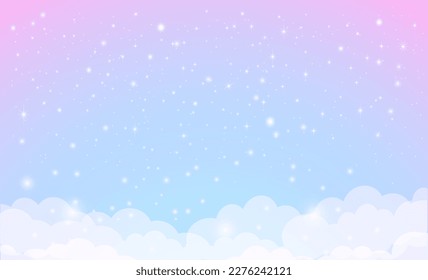 Fantastic background of blue and pink sky in sparkling stars. Vector illustration for children.