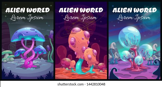 Fantastic background. Fantasy cartoon alien world landscape. Magic book covers set. Vector mystery planet illustration.