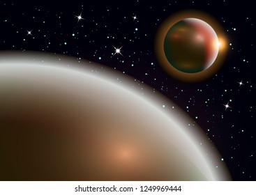 Fantastic background of outer space with planets, sky and stars. Vector illustration.